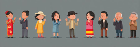 Characters from various backgrounds interact joyfully while demonstrating basic Spanish greetings, offering a colorful representation of cultural diversity.の素材