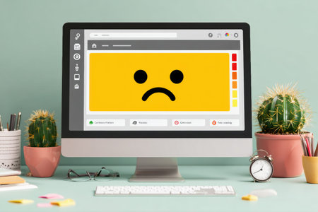 Displayed on a computer monitor, a yellow crash screen features a frowning emoji, signaling an error. A tidy workspace complements the scene.の素材
