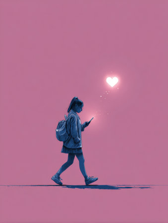A teen walks from shadow towards a glowing heart icon, engrossed in her smartphone, in a vibrant and dreamy setting, exploring emotions and technology.の素材