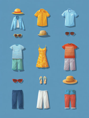 This infographic showcases a variety of UV protective summer outfits, including shirts, dresses, hats, and sunglasses ideal for sunny weather.の素材