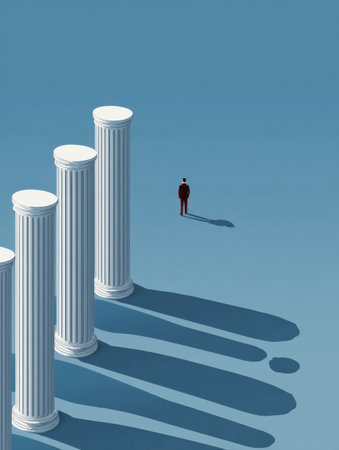 Visual representation emphasizes the five pillars of personal development, with a lone figure contemplating self-improvement in a calm, blue spaceの素材