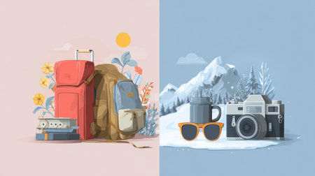 Illustration showcases side-by-side travel essentials for summer and winter, highlighting packing differences for seasonal adventures and outdoor activities.の素材