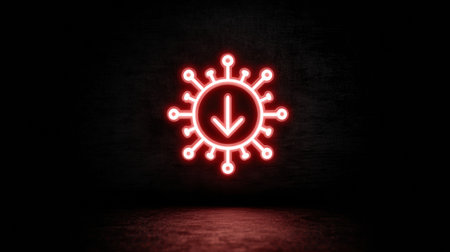 Glowing red icon representing a virus-infected download sits prominently against a dark, vacant background, highlighting cybersecurity risks for users online.の素材
