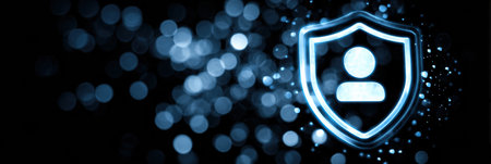 A glowing orb features a cyber shield and a profile icon, symbolizing digital protection and privacy.の素材