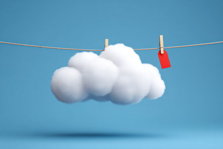 A cloud symbol hangs on a string with a malfunction tag, suspended against a blue background that emphasizes its simplicity and minimalism.の素材