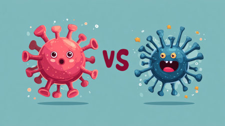 This infographic contrasts vaccines and viruses, highlighting their traits, effects, and the vital role of vaccination in public health.の素材