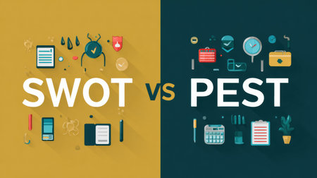 This graphic illustrates the differences between SWOT and PEST analysis using a split layout featuring flat icons, enhancing clarity for strategic planning.の素材