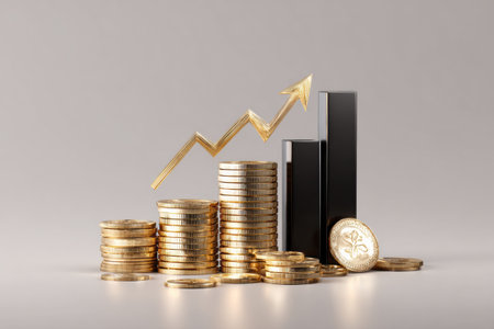 Gold coins stacked neatly alongside black bars, with an upward arrow symbolizing financial growth and a prosperous investment strategy depicted.の素材