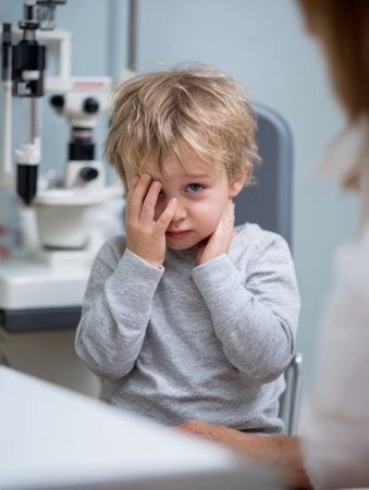 Child sits nervously in optometrist office for first eye examination, expressing emotions while interacting with the eye care professional.の素材