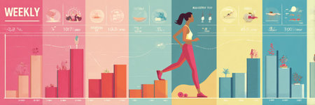 This infographic outlines a weekly planner featuring different movement activities including cardio sessions, yoga workouts, and walking to enhance fitness.の素材