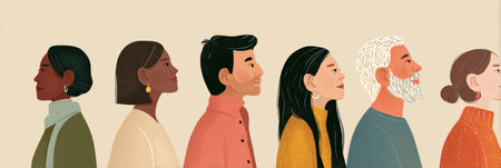 Group of diverse individuals depicted in profile, illustrating approaches to initiate safe discussions about mental health in an inclusive and supportive mannerの素材