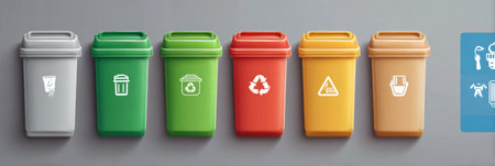 Four bins for waste sorting are displayed, each designated for trash, recycling, composting, and hazardous waste, promoting efficient home waste management.の素材
