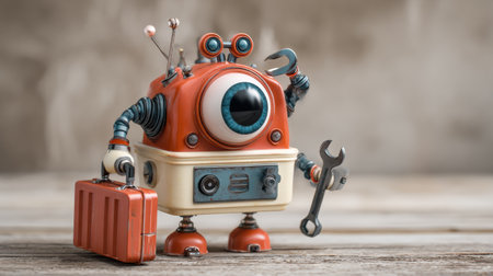 A small robot uses a wrench to repair a cartoon-style eye while holding a toolbox, showcasing a whimsical and lighthearted interpretation of mechanics.の素材