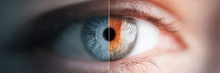 A gradient representation of an eye transitioning from blurred to clear symbolizes vision restoration and clarity, highlighting progress and hope.の素材