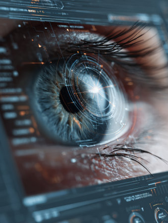 Close-up view of a detailed virtual eye exam interface on a computer screen featuring advanced technology and clear margins, emphasizing eye health assessment.の素材