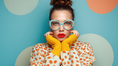 A fashionable woman with oversized glasses and a striking outfit is posing against a pastel backdrop, displaying her unique style and confidenceの素材