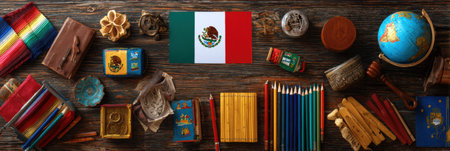 This vibrant features display Hispanic flags and symbols alongside classroom materials, highlighting education and cultural pride in the community.の素材