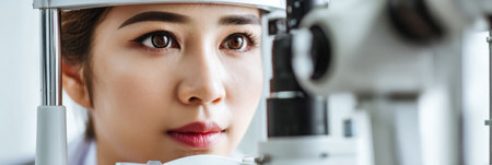 Doctor carefully examines patient using a slit lamp in a clinical setting, ensuring detailed observation of eye health and condition.の素材