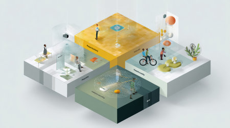 Infographic highlights key AI ethics principles transparency, bias, privacy, and responsibility through interactive blocks.の素材