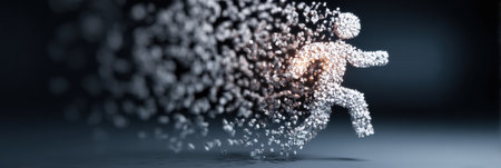 Depiction of a user icon breaking apart, symbolizing a system crash, with particles dispersing from the left side in a dramatic digital environmentの素材