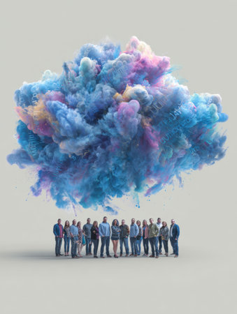 A colorful digital confetti cloud forms team names above a diverse group of individuals, showing teamwork and creativity in a visually striking arrangement.の素材