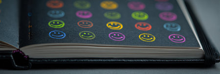 A digital diary filled with vibrant smiley symbols offers an inviting glimpse into personal thoughts and creative ideas, designed for easy access and reflectionの素材