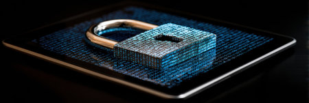 A data padlock made of binary code overlays a tablet interface, symbolizing digital security and protection in a contemporary setting.の素材