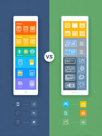 Infographic layout contrasts native and hybrid mobile apps through dual blocks, icons, and a modern font to highlight their features and benefits.の素材