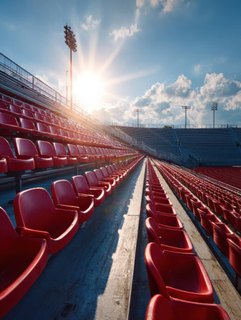 Bright sunbeam strikes empty red bleachers in the stadium, creating a serene atmosphere ahead of the upcoming game during a clear day.の素材