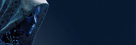 A cyber guardian avatar with a determined look monitors a fragile device, blending innovation and security in a dim setting.の素材