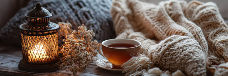 A cup of herbal tea rests on a wooden surface, accompanied by a soft knitted blanket and a glowing aroma lamp, creating a peaceful atmosphere for relaxation.の素材