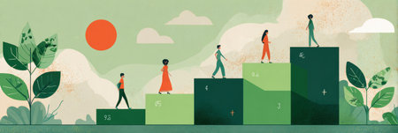 Infographic illustrates the process of setting Objectives and Key Results for agile teams, featuring minimal design and progress blocks representing growth.の素材