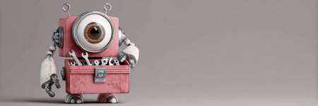 A tiny robot skillfully works on a cartoon eye using a toolbox filled with tools, showing a playful and entertaining style.の素材