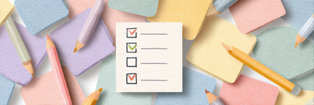 This engaging infographic offers daily self-reflection prompts with colorful pastel blocks and pencil icons to boost mindfulness and insight.の素材