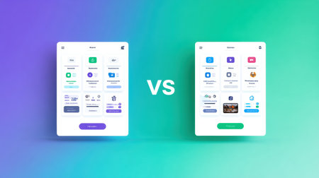 This infographic visually compares native and hybrid mobile apps, showing their features with clear icons.の素材