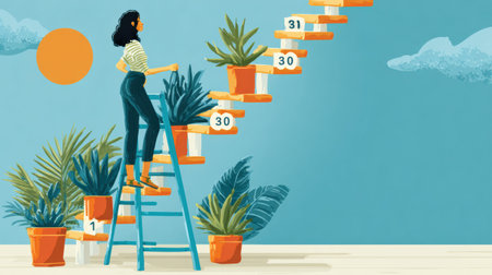 An illustration of a woman climbing a colorful, numbered staircase symbolizes progress in a 30-day self-growth challenge.の素材
