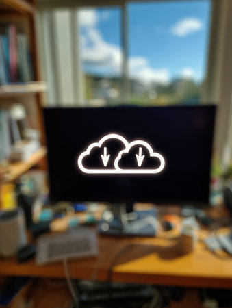 Error notification appears on a computer screen during an upload attempt while working in a bright home office, highlighting a connection issue.の素材