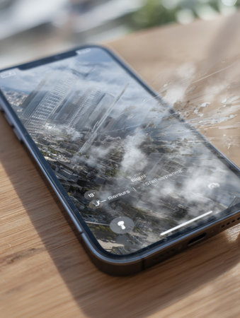 A smartphone displays a crash error for an app, featuring motion blur, on a surface in an urban environment during daylight.の素材