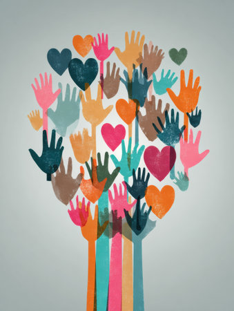 Colorful hands and hearts come together to represent various random acts of kindness, supportive compassion and generosity among all individuals.の素材