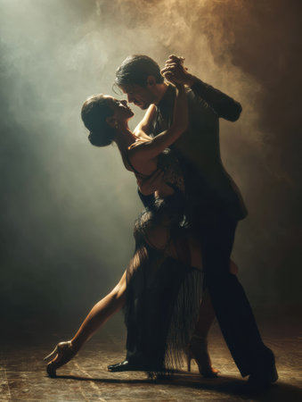 Dancers perform salsa, merengue, bachata, and tango under striking lights, showing their rhythmic movements and passion.の素材