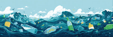 Infographic conveys the impact of plastic waste in oceans, illustrating the numerous bottles and floating debris amidst powerful waves and wildlife.の素材