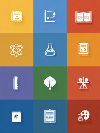 Visual elements highlight various school subjects such as math, science, art, and language, presented in a vibrant layout ideal for classroom use.の素材