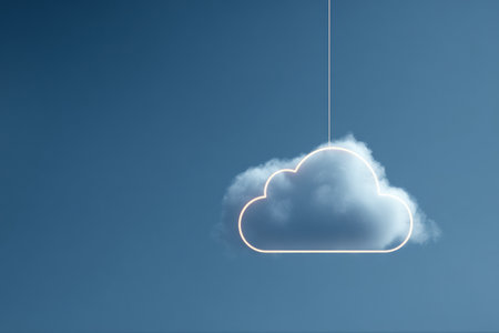 A suspended cloud sync symbol hangs in a clear sky, accompanied by a malfunction tag, creating a minimalist depiction of digital connectivity issues.の素材