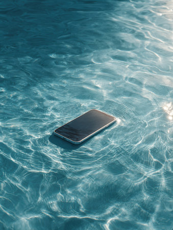 A phone floats gently in clear spa water, undisturbed and free of notifications, reflecting the calming midday light and serene environment.の素材