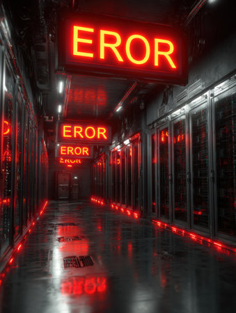 A cyberpunk server room is in crisis as glowing red error signs illuminate the environment, signaling overheating and potential system failure.の素材