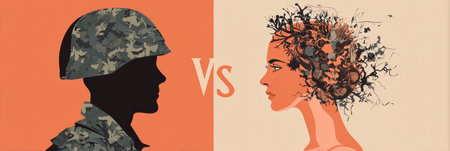 Infographic illustrates the differences in PTSD experiences between veterans and civilians, emphasizing the unique challenges faced by each group.の素材