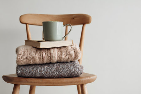 A soft stack of homewear rests on a chair with a book and a mug, creating a tranquil and inviting corner for relaxation and reading in a minimal setting.の素材