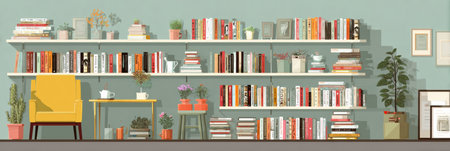 Open shelf layout features a collection of books focused on self-growth, complemented by plants and cozy seating for a tranquil reading space.の素材