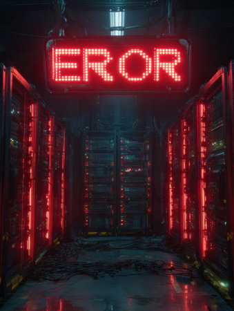 A cyberpunk server room displays glowing red error signs as equipment struggles with overheating issues amidst a high-tech atmosphere.の素材