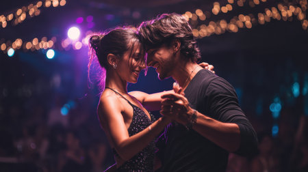 Couple showcases the passion and energy of salsa, merengue, bachata, and tango in a vibrant dance venue filled with lights and music.の素材